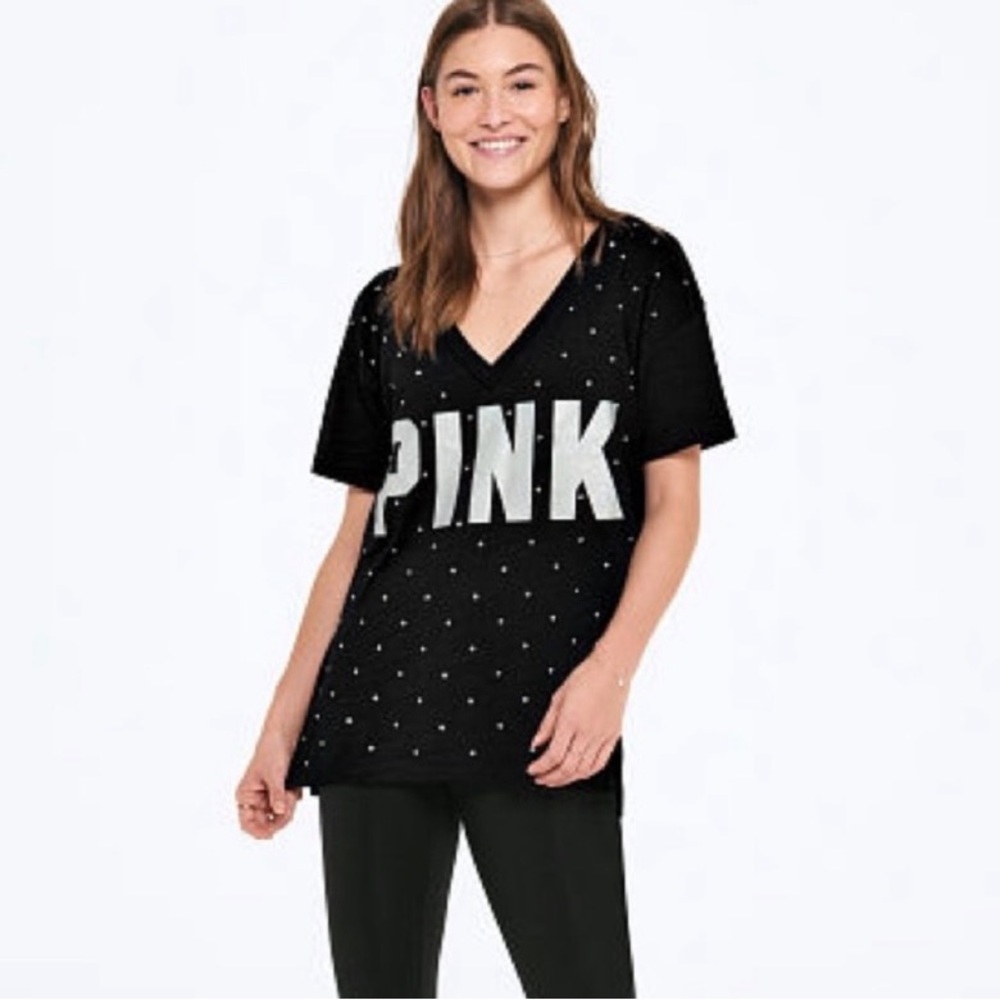 VS Pink 2018 bling oversized tunic length v-neck Perfect Tee T-shirt
